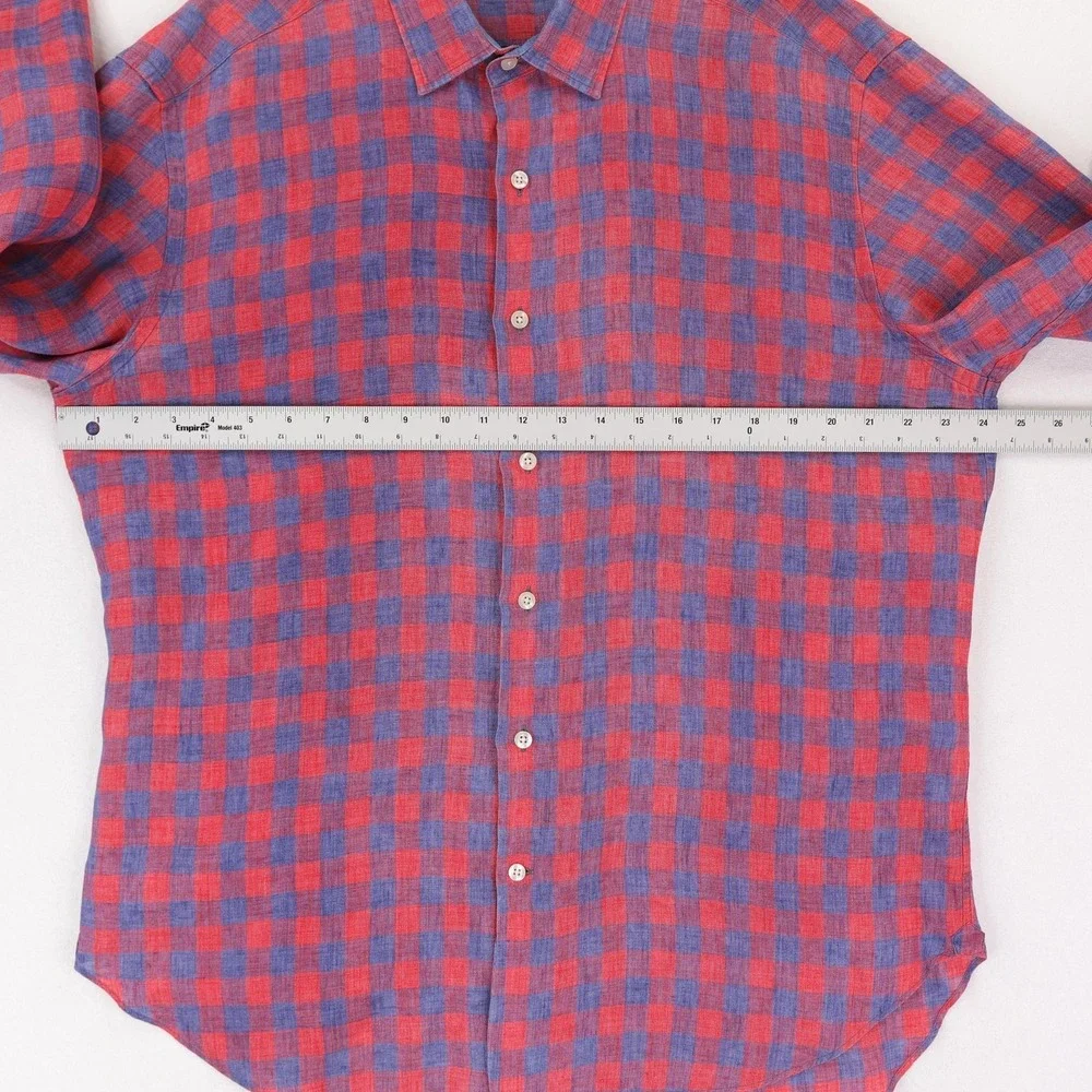 Culturata Shirt Mens XL Red Blue Check Linen Button Up Long Sleeve Made in Italy